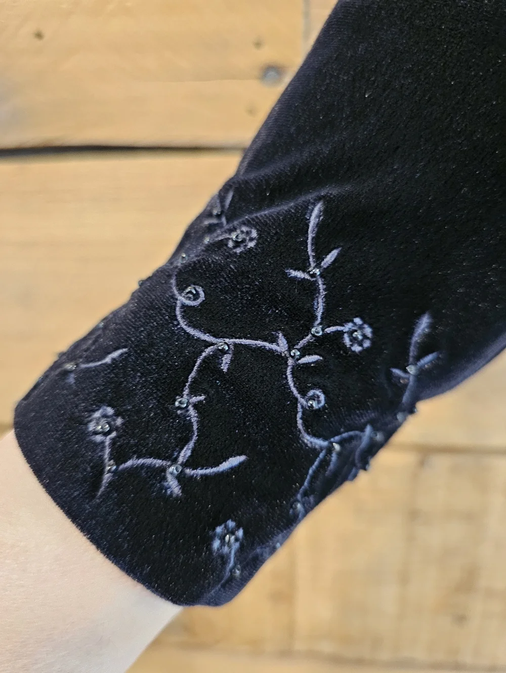 Stretch Black Velvet Gloves w/ Floral Embroidery & Bead Details